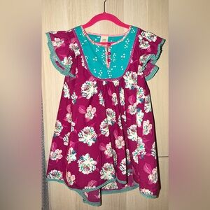 Girls’ Wildflowers Pink Floral Babydoll Dress with Teal Trim